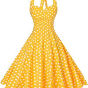 Women's 50s Style Halter Swing Dress Cotton Blend Polka Dots and Solid
